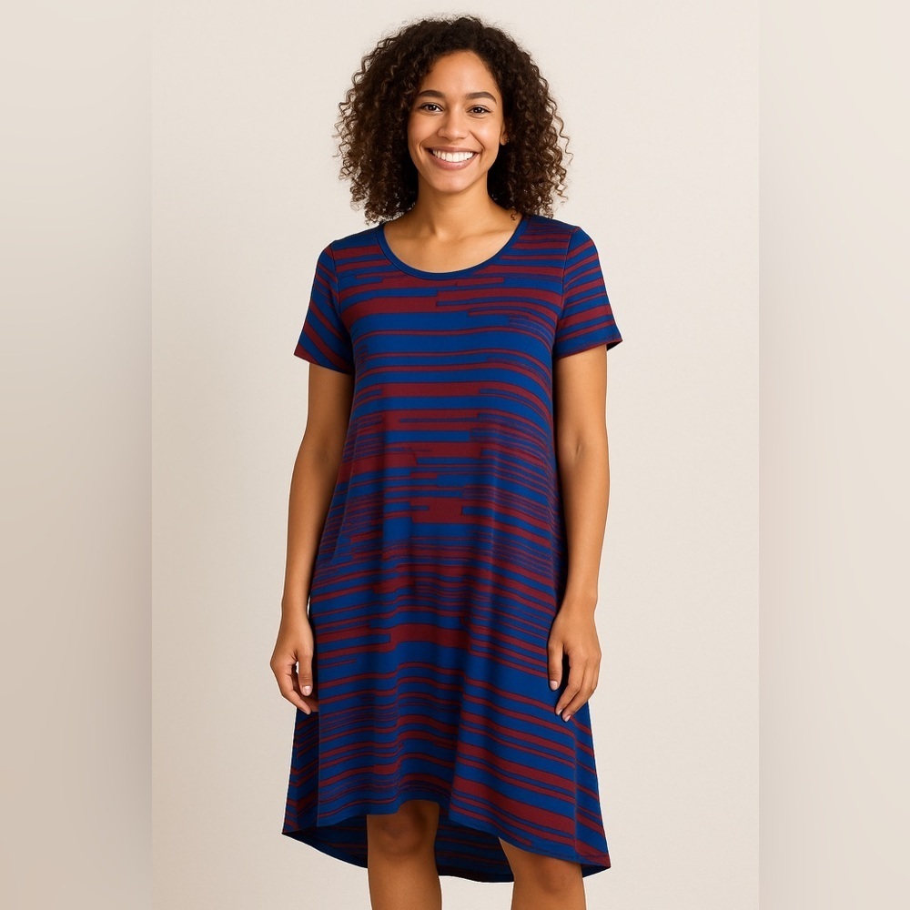 LuLaRoe Women’s Hi-Low Midi Dress – Size M – Blue & Burgundy Striped – EUC